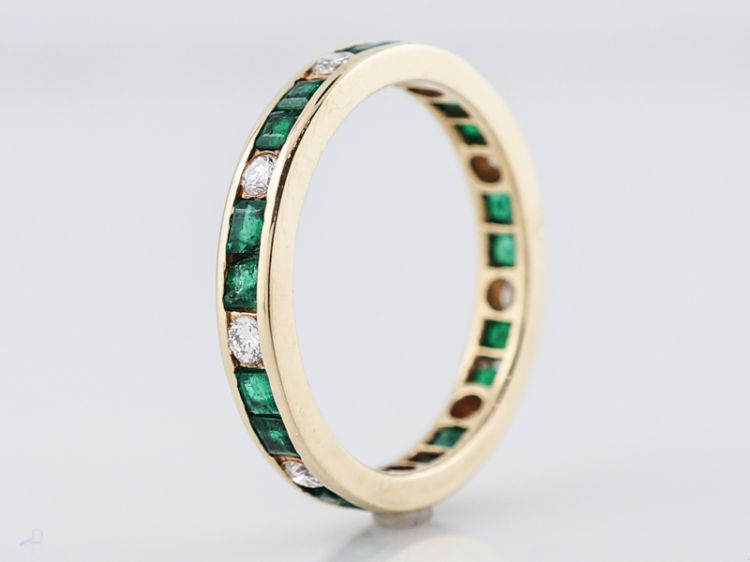 Vintage Wedding Band Mid-Century .81 Calibre Cut Emeralds & .36 Round Brilliant Cut Diamonds in 14k Yellow Gold