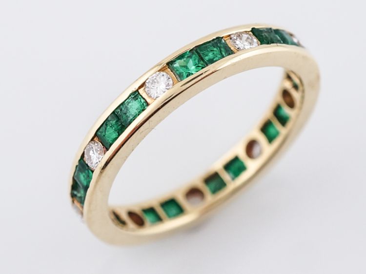 Vintage Wedding Band Mid-Century .81 Calibre Cut Emeralds & .36 Round Brilliant Cut Diamonds in 14k Yellow Gold