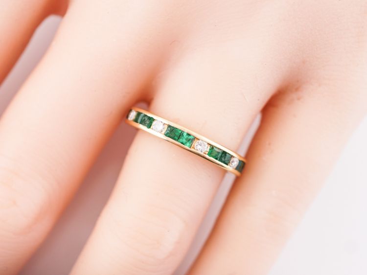 Vintage Wedding Band Mid-Century .81 Calibre Cut Emeralds & .36 Round Brilliant Cut Diamonds in 14k Yellow Gold