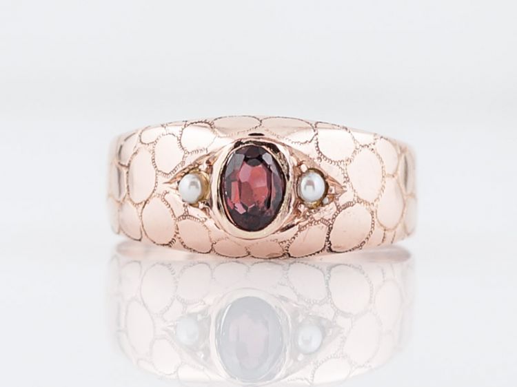 Antique Right Hand Snake Ring Victorian .24 Oval Cut Garnet & Pearl in 14k Rose Gold