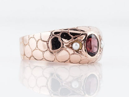 Antique Right Hand Snake Ring Victorian .24 Oval Cut Garnet & Pearl in 14k Rose Gold