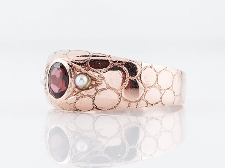 Antique Right Hand Snake Ring Victorian .24 Oval Cut Garnet & Pearl in 14k Rose Gold