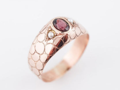 Antique Right Hand Snake Ring Victorian .24 Oval Cut Garnet & Pearl in 14k Rose Gold