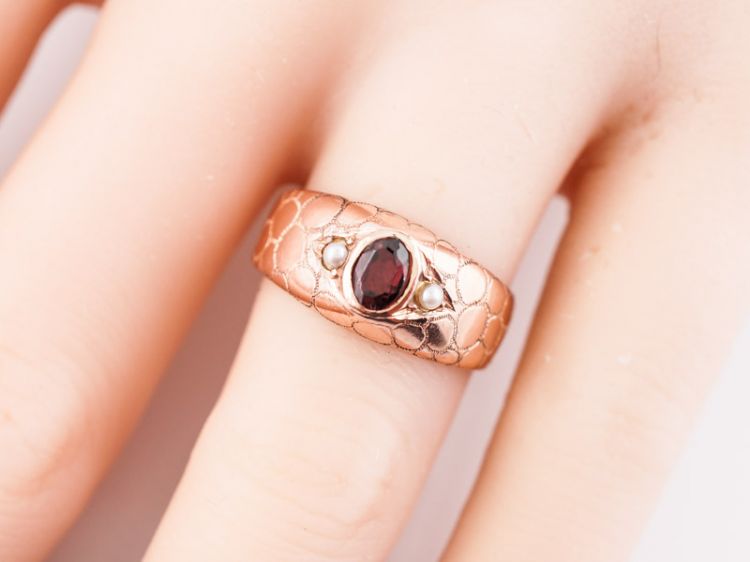 Antique Right Hand Snake Ring Victorian .24 Oval Cut Garnet & Pearl in 14k Rose Gold