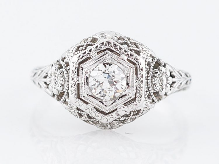 Floral Diamond Engagement Ring Art Deco Filigree in 18k