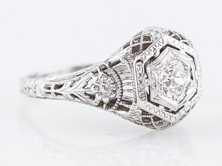 Floral Diamond Engagement Ring Art Deco Filigree in 18k