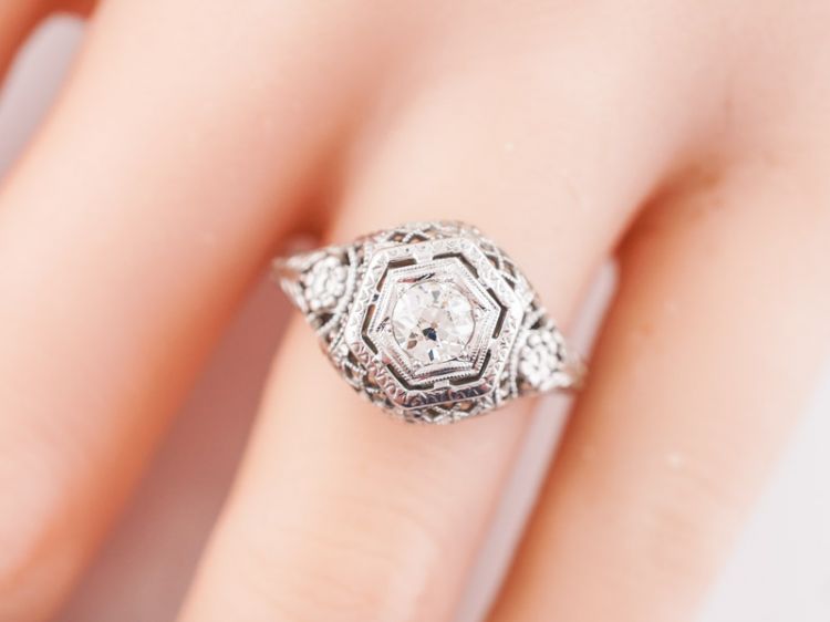 Floral Diamond Engagement Ring Art Deco Filigree in 18k