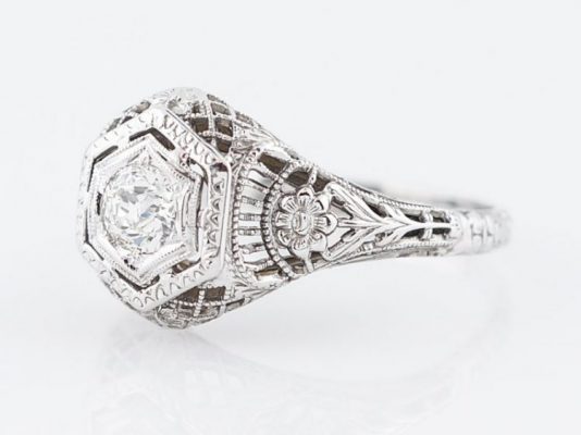 Floral Diamond Engagement Ring Art Deco Filigree in 18k