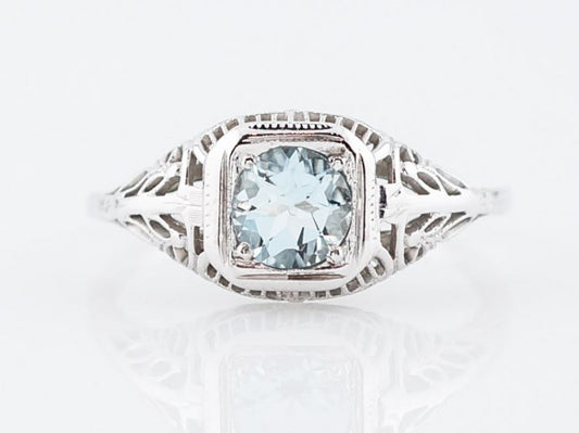 Antique Engagement Ring Art Deco .44 Round Cut Aquamarine in 18k White Gold