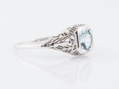 Antique Engagement Ring Art Deco .44 Round Cut Aquamarine in 18k White Gold