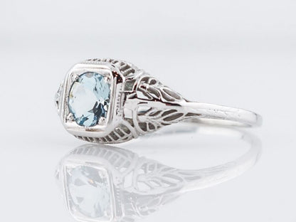 Antique Engagement Ring Art Deco .44 Round Cut Aquamarine in 18k White Gold