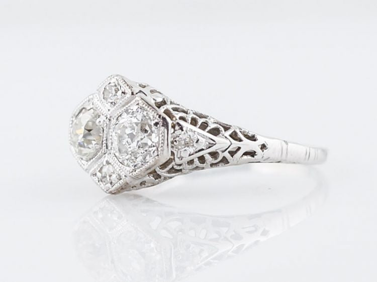 Antique Right Hand Ring Art Deco .70 Old Mine Cut Diamonds in 18k White Gold