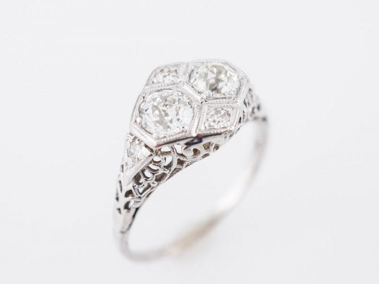 Antique Right Hand Ring Art Deco .70 Old Mine Cut Diamonds in 18k White Gold