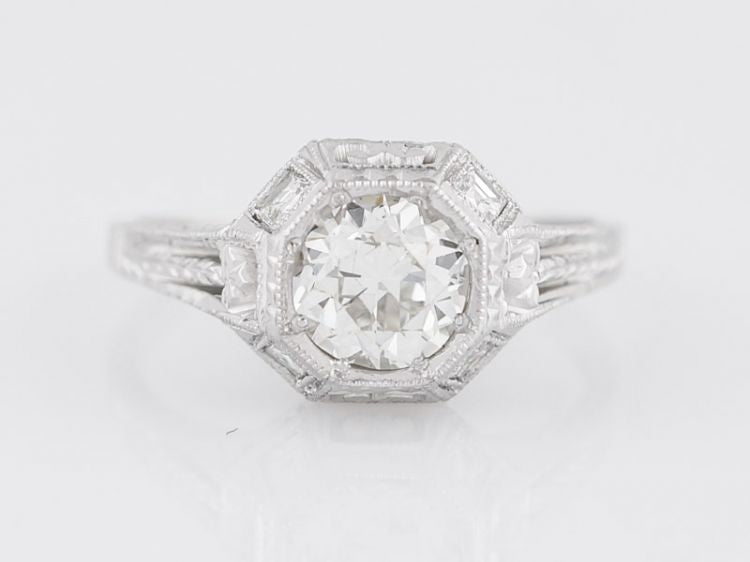 Antique Engagement Ring Art Deco .80 Old European Cut Diamond in 18k White Gold