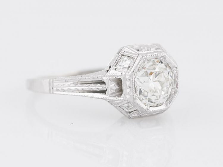 Antique Engagement Ring Art Deco .80 Old European Cut Diamond in 18k White Gold