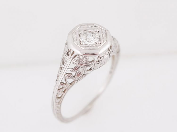 Antique Engagement Ring Art Deco .23 Old European Cut Diamond in 18k White Gold