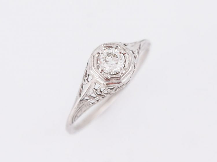Antique Engagement Ring Art Deco .35 Old European Cut Diamond in 18k White Gold
