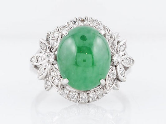 Vintage Cocktail Ring Mid-Century GIA 4.55 Oval Cabochon Cut Jade in 14k White Gold