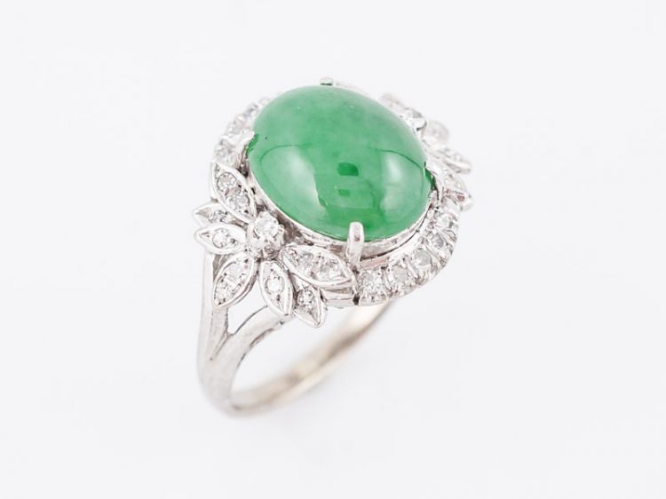Vintage Cocktail Ring Mid-Century GIA 4.55 Oval Cabochon Cut Jade in 14k White Gold