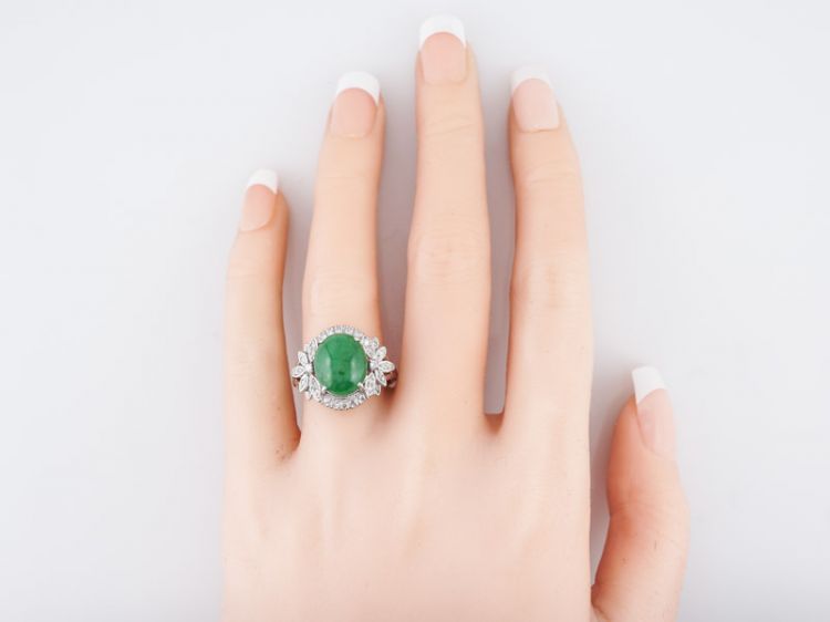 Vintage Cocktail Ring Mid-Century GIA 4.55 Oval Cabochon Cut Jade in 14k White Gold