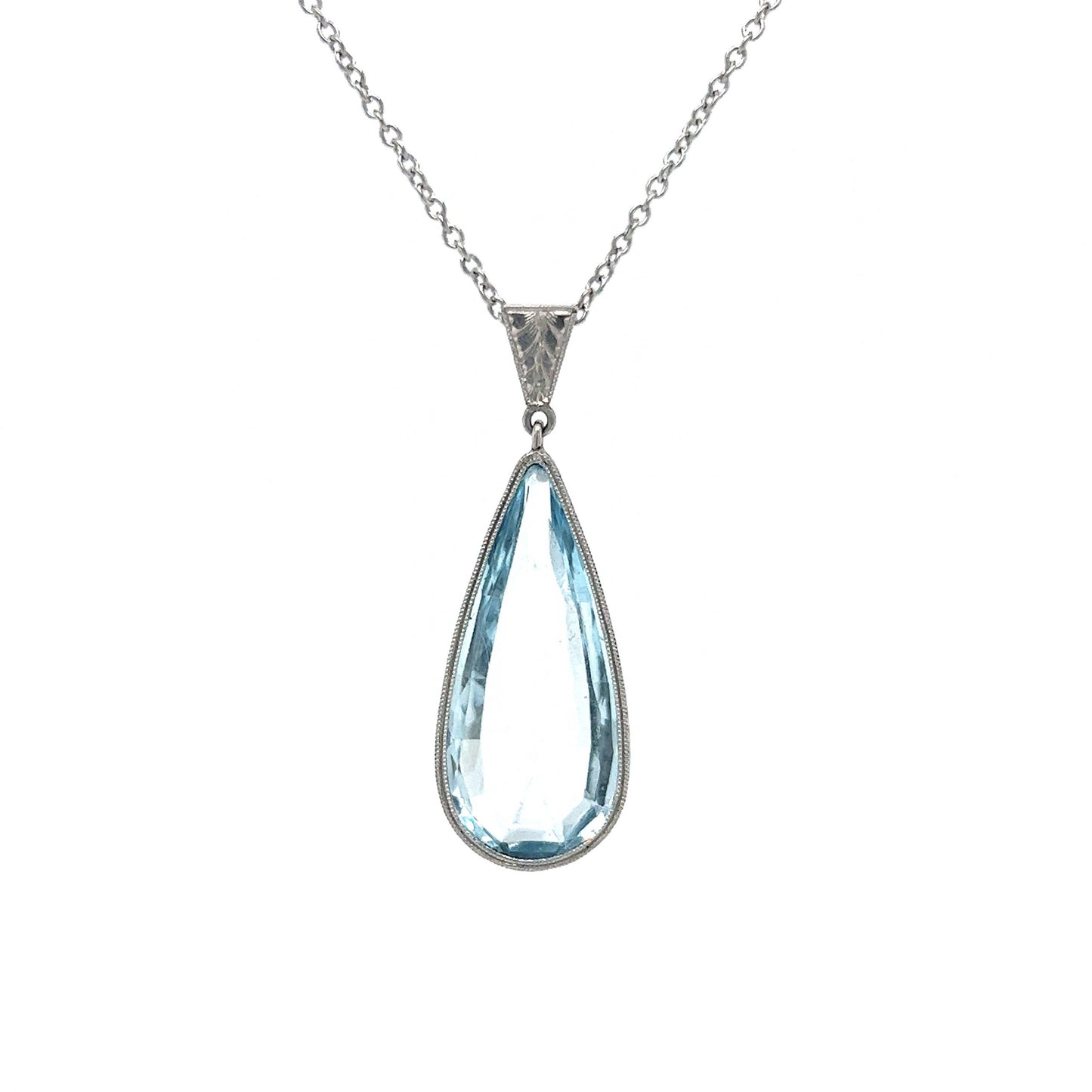 Art Deco Pear Cut Aquamarine Pendant Necklace in Platinum