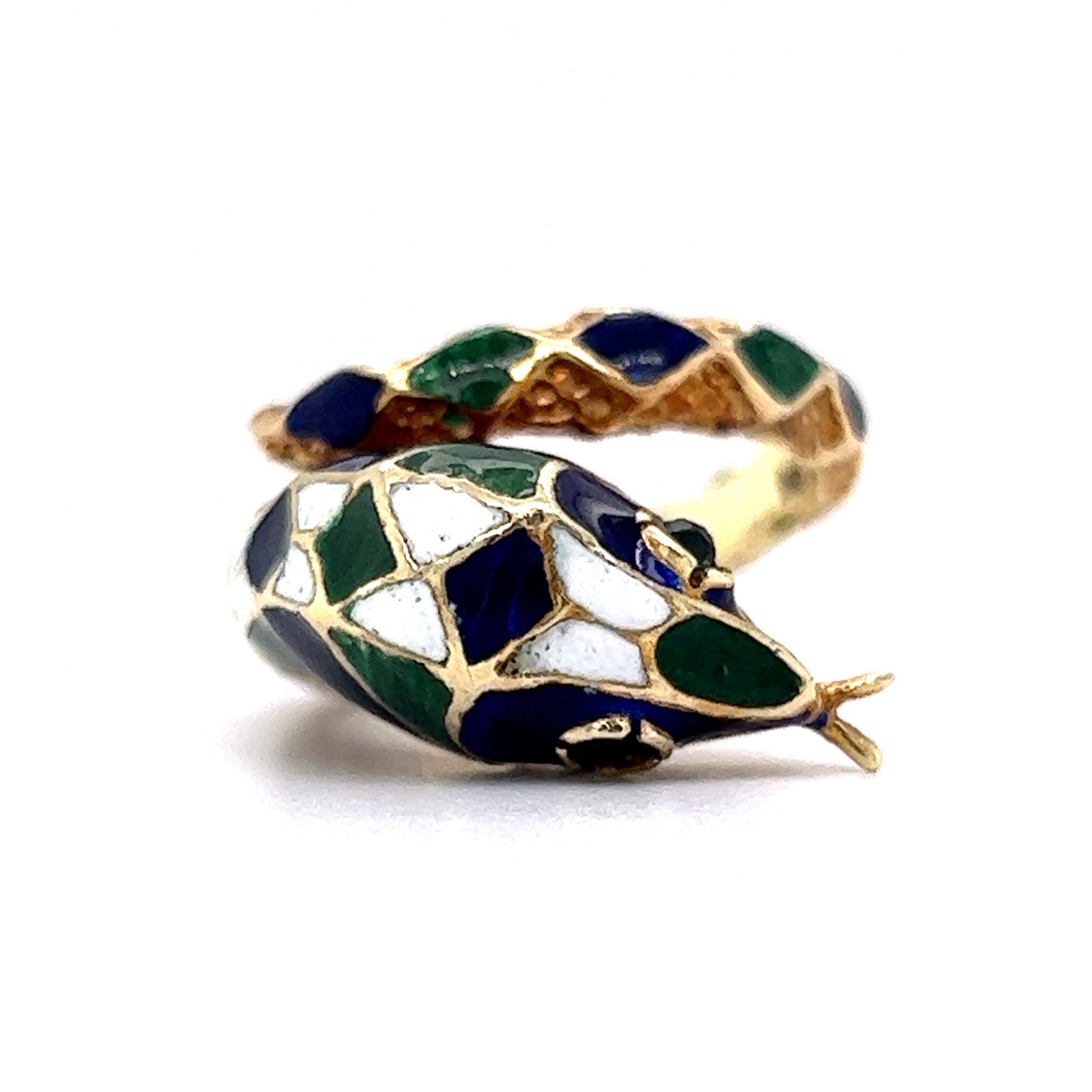 Mid-Century Enamel Snake Cocktail Ring in 14k Yellow Gold