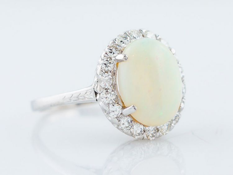Vintage Right Hand Ring Mid-Century 2.83 Cabochon Cut Opal & .60 Round Brilliant Cut Diamonds in 18k White Gold