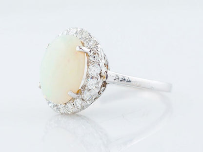 Vintage Right Hand Ring Mid-Century 2.83 Cabochon Cut Opal & .60 Round Brilliant Cut Diamonds in 18k White Gold