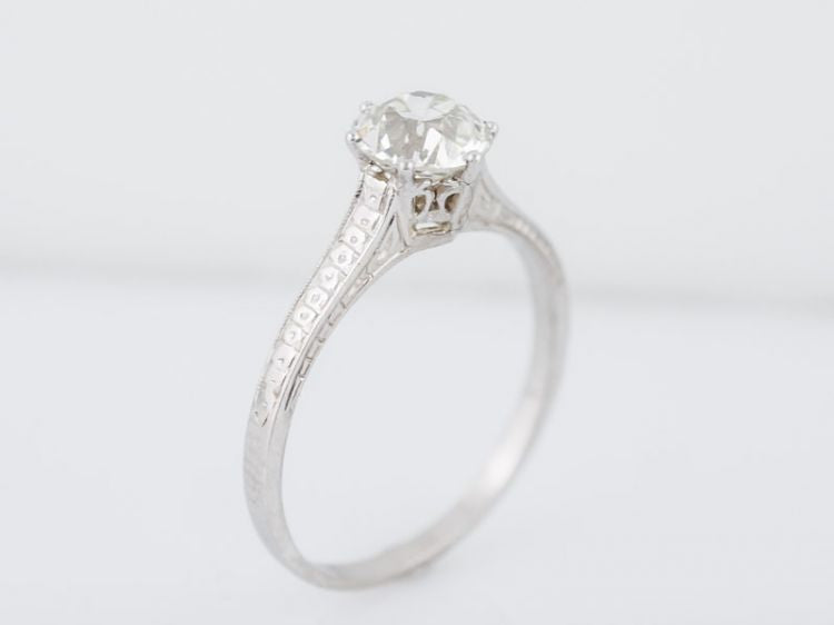 Antique Engagement Ring Art Deco .93 Old European Cut Diamond in 14k White Gold