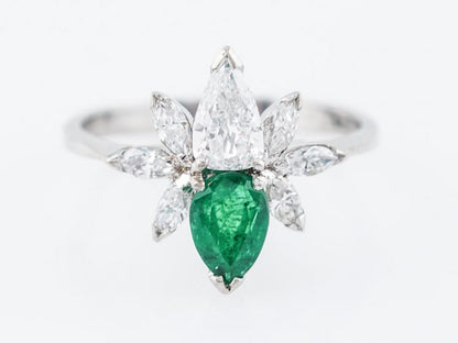Vintage Right Hand Ring Mid-Century .42 Pear Cut Diamond & .65 Pear Cut Emerald in Platinum