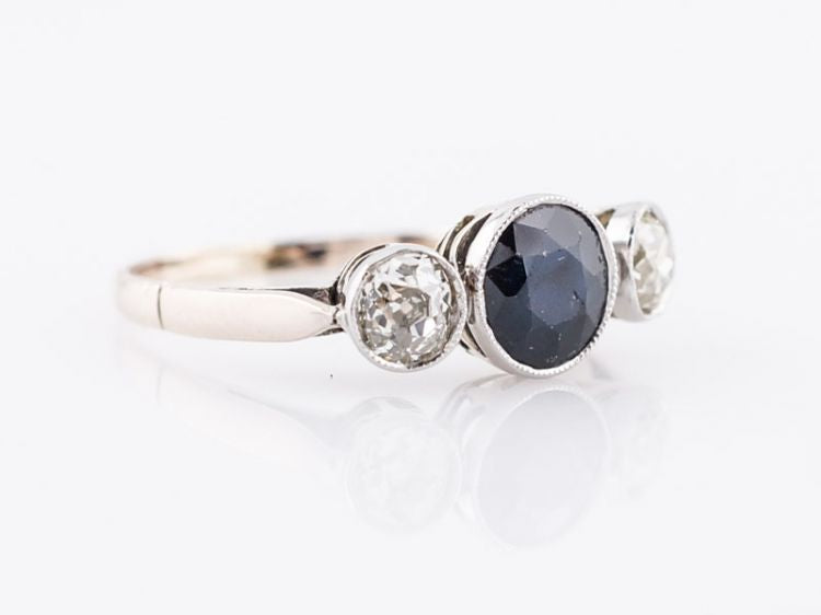 Antique Right Hand Ring Art Deco .92 Round Cut Sapphire & .21 Old Mine Cut Diamonds in 14k White Gold