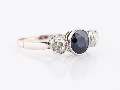 Antique Right Hand Ring Art Deco .92 Round Cut Sapphire & .21 Old Mine Cut Diamonds in 14k White Gold