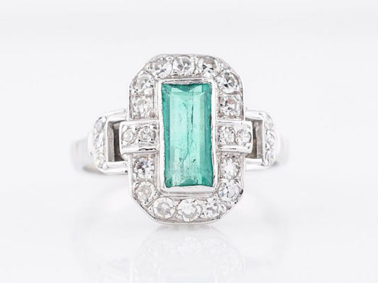 Antique Right Hand Ring Art Deco .57 Rectangular Emerald Cut Emerald in 14k White Gold