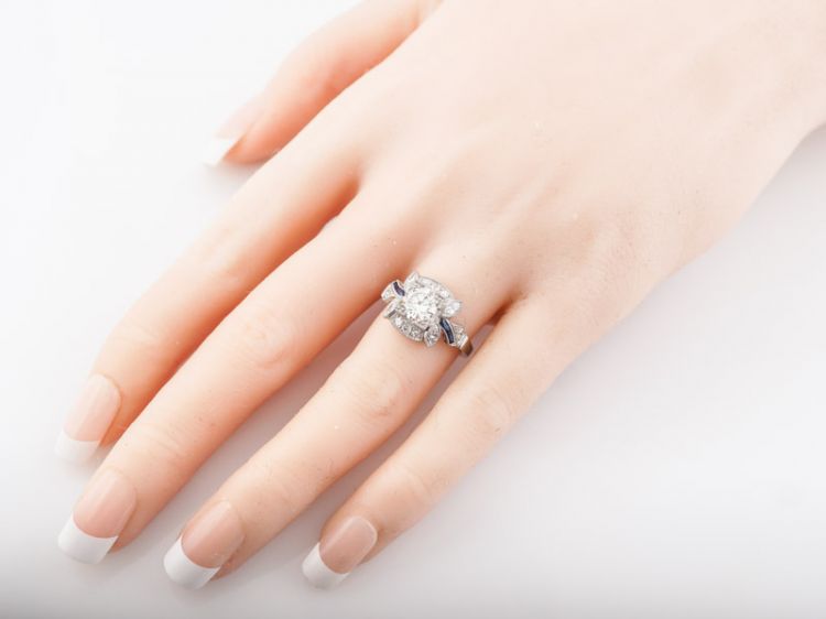 Antique Engagement Ring Art Deco .90 Transitional Cut Round Diamond in Platinum