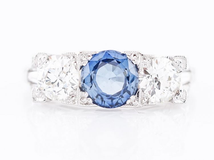 Three Stone Sapphire & Diamond Engagement Ring Art Deco Platinum
