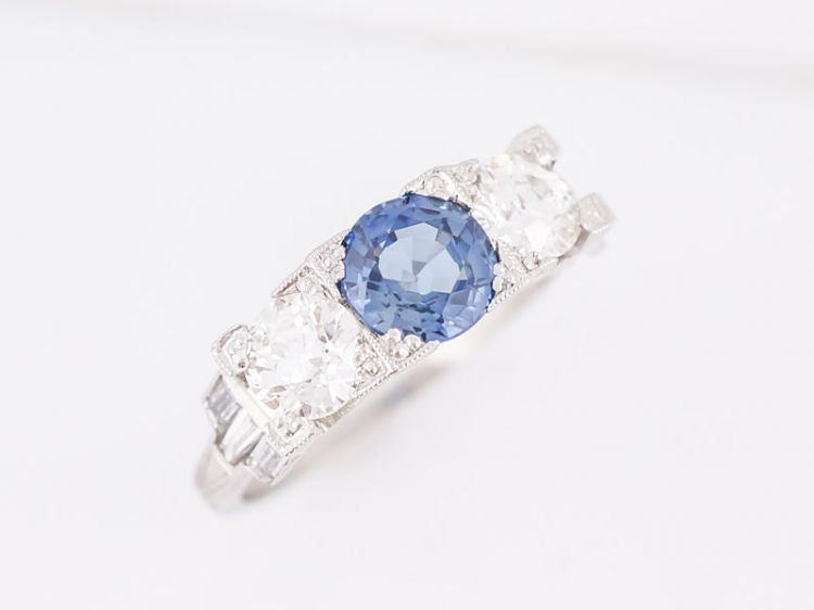 Three Stone Sapphire & Diamond Engagement Ring Art Deco Platinum