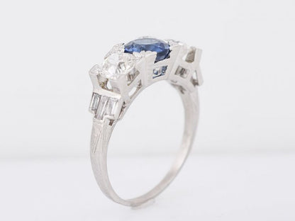 Antique Engagement Ring Art Deco 1.39 Round Cut Sapphire & 1.01 Old European Cut Diamonds in Platinum