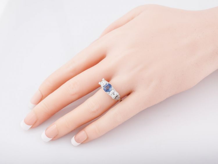 Antique Engagement Ring Art Deco 1.39 Round Cut Sapphire & 1.01 Old European Cut Diamonds in Platinum