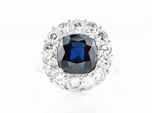 Antique Right Hand Ring Art Deco 2.88 Cushion Cut Sapphire in Platinum