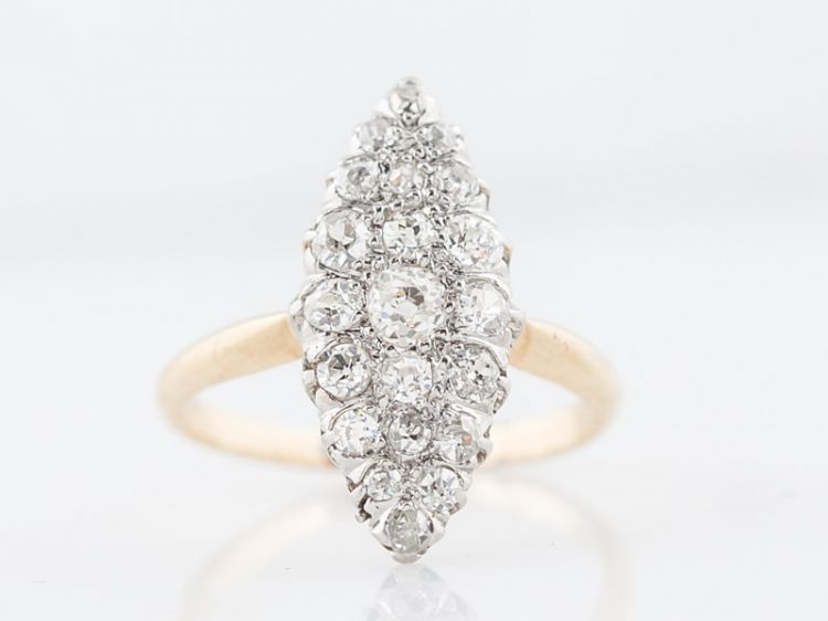 Antique Right Hand Navette Ring Victorian .95 cttw Old Mine Cut Diamonds in 18k Yellow Gold