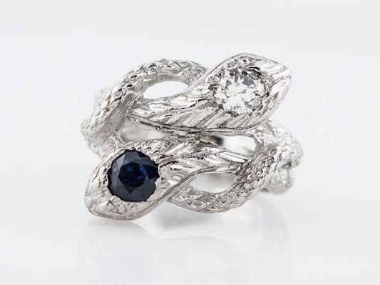 Antique Right Hand Snake Ring Art Deco .40 Old European Cut Diamond & .35 Round Cut Sapphire in Platinum