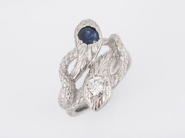 Antique Right Hand Snake Ring Art Deco .40 Old European Cut Diamond & .35 Round Cut Sapphire in PlatinumComposition: PlatinumTotal Diamond Weight: .40 ctTotal Gram Weight: 16.50 g