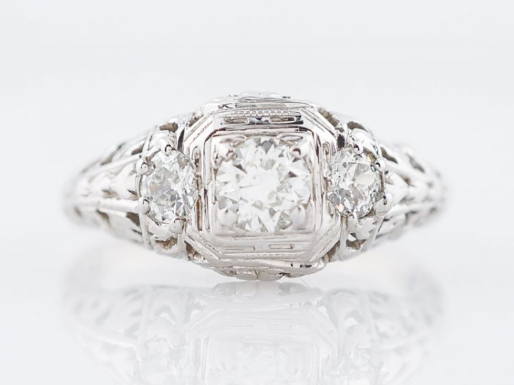 Filigree Diamond Ring Art Deco European Cut in 18k