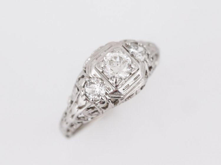 Filigree Diamond Ring Art Deco European Cut in 18k