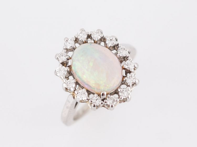 Vintage Right Hand Ring Mid-Century 1.98 Cabochon Cut Opal in 14k White Gold