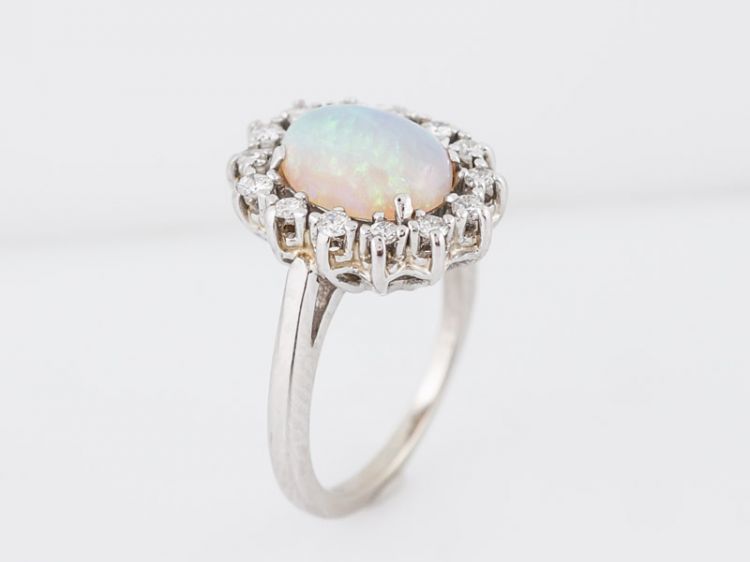 Vintage Right Hand Ring Mid-Century 1.98 Cabochon Cut Opal in 14k White Gold