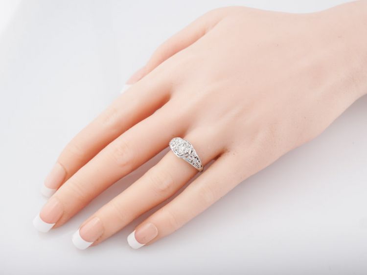 Antique Filigree Ring Art Deco Brilliant Cut Diamond in 18k