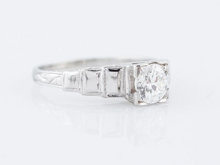 Antique Engagement Ring Late Art Deco .42 Round Brilliant Cut Diamond in 18k White Gold