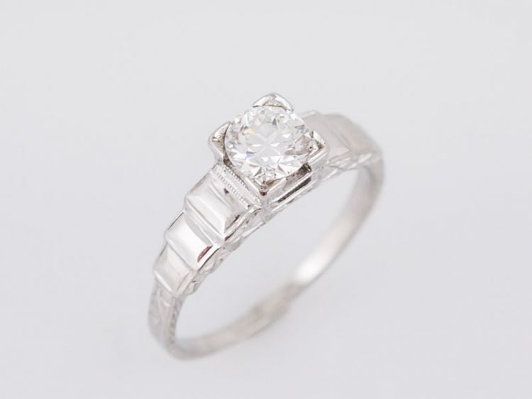 Antique Engagement Ring Late Art Deco .42 Round Brilliant Cut Diamond in 18k White Gold