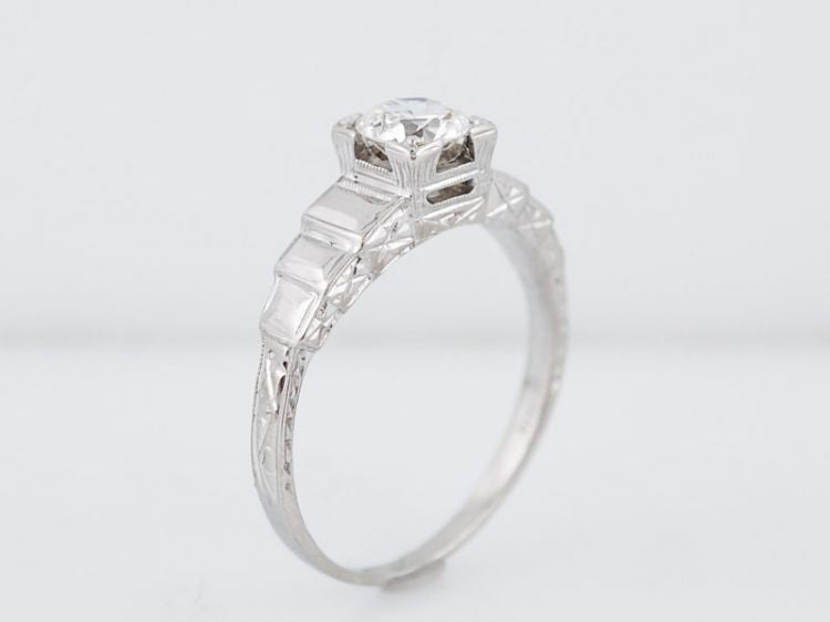 Antique Engagement Ring Late Art Deco .42 Round Brilliant Cut Diamond in 18k White Gold